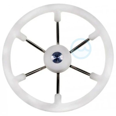 Afbeelding van 6 spaaks stuurwiel leader tanegum rvs met witte polyurethaan rand a=370mm. b=100mm