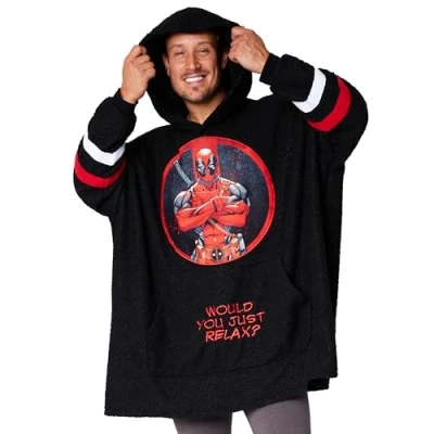 Afbeelding van Marvel Deken hoodie voor mannen en tieners gezellige oversized fleece One size warme loungewear geschenken hem, Zwarte Deadpool,