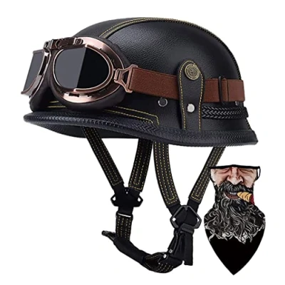 Afbeelding van DIRERTYS helm voor motorfiets, halve helm, pothelm, Duitse leer, DOT/ECE goedgekeurde cap, retro + bril, open gezicht, met verstelbare snelsluiting, XXL 61 62 cm