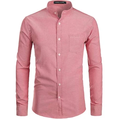 Afbeelding van PARKLEES Heren Hipster Ontwerp Opa Kraag Oxford Shirt Slim Fit Lange Mouw Casual Button Down Jurk Shirts met Pocket, Pz112 rood, M