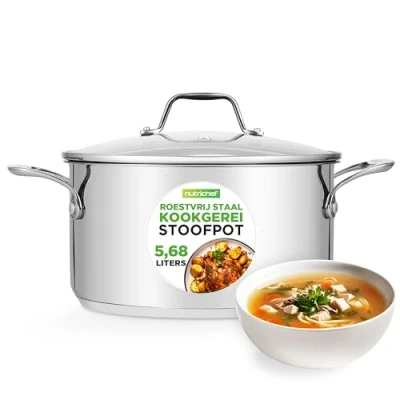 Afbeelding van NutriChef 6 Quart Stainless Steel Stock Pot 18/8 Food Grade Heavy Duty Induction Pot, Stew Simmering Soup with See Through Lid, Dishwasher Safe NCSP6