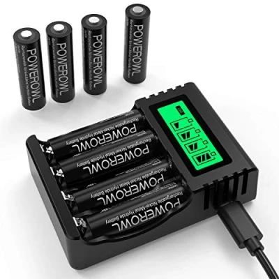 Afbeelding van POWEROWL Oplaadbare AA batterijen met oplader, 8 stuks, 2800 mAh, hoge capaciteit, NiMH en LCD, onafhankelijke sleuf USB snel opladen
