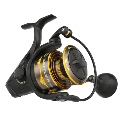 Afbeelding van PENN Battle® IV Spinning Reel, Zoutwater visser Zeevis Kunstaas Aas, Bass, Pollack, Kabeljauw, Makreel, Wrasse, Aluminium Spoel, Robuust Ambidexter 6000 Reel Maat 5.6:1 Versnelling Zwart, Goud Rook