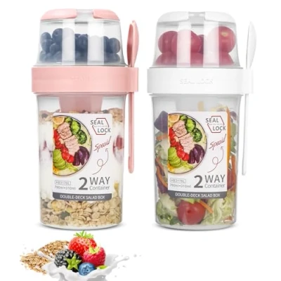Afbeelding van SinLaw 2 stuks mueslibekers to go, yoghurtbekers voor onderweg met lepel, yoghurt go beker, dubbellaags, lekvrije yoghurtbeker, slabeker (wit + roze (310 ml 760 ml)