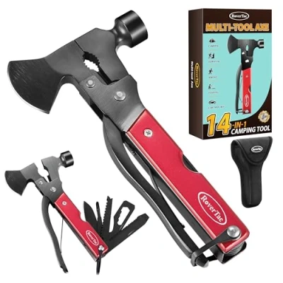 Afbeelding van RoverTac Camping Essentials, Multi Tool Bijl Hoedenbijl Gear, 14 in 1 Multitool Mes Hamer Tang Zaag Fles blikopener Schroevendraaier, voor Kamperen Wandelen, Geschenken Mannen