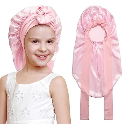 Afbeelding van Coubeau Slaapmuts voor kinderen, haarmuts meisjes, nachtmuts met zijde, elastische zijden muts, Roze, one size