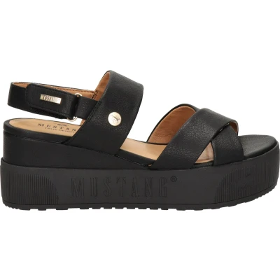 Afbeelding van Mustang Sandalen met sleehak, Dames, Maat: 39, Zwart Hoogwaardig imitatieleer