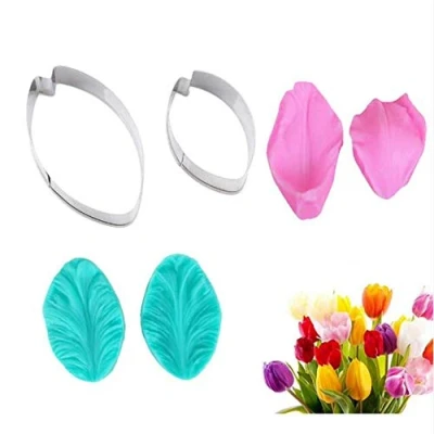 Afbeelding van Bloemblaadjes Siliconen Veiner &amp; Snijder Bloem RVS Cookie Bakvorm Fondant Cake Decorating Tool Bakeware Mould Sugarcract Chocolade Gumpaste Moulds Tulips