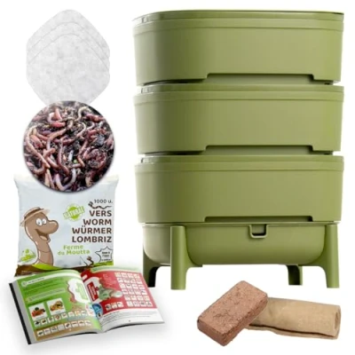Afbeelding van WORMcube Groente Design &amp; Compact I 3 baks Wormenbak 500 gr Compostwormen Complete set Wormverdrinking Stopfilter