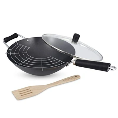 Afbeelding van Ken Hom KH431041 Koolstofstaal Niet Plakken Wokset 4 Stuks, 31cm, Excellence, Geschikt Voor Inductiekookplaten/Metalen Keukengerei, Vaatwasmachinebestendig, 2 Jaar Garantie