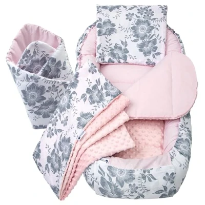 Afbeelding van Medi Partners 5 delige Babynest Set 100x60x15 Uitneembaar inzetstuk Bed Knuffel Nestje Baby deken Pasgeboren 100% katoen (Berry met rosa Minky)
