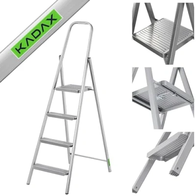 Afbeelding van KADAX Eenzijdige stalen ladder met antislipvoeten, trapladder, plank, vouwladder, huishoudladder brede treden (4 treden)
