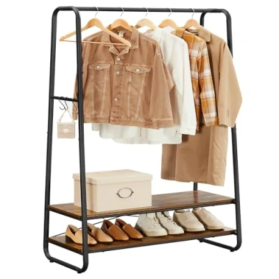 Afbeelding van VASAGLE kapstok zware kleerhanger met 2 planken, 6 S haken en stalen frame voor slaapkamer, industrieel, rustiek bruin zwart RGR112B01