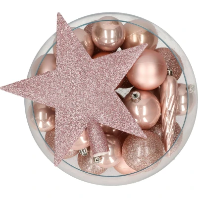 Afbeelding van Bellatio Decorations set 33x stuks kunststof kerstballen met ster piek lichtroze Kerstbal