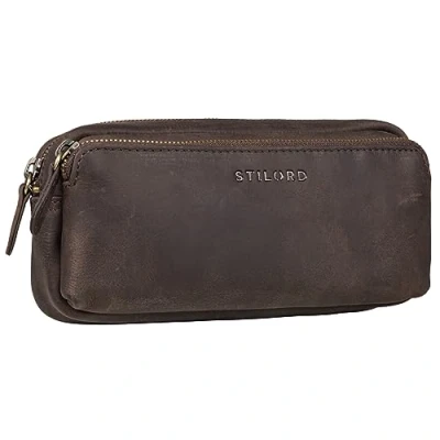 Afbeelding van STILORD &#039;Melissa&#039; Lederen Pennenetui Vintage Pennenzak Pennenbakja ideaal als Bag Organizer Make Up Pennenhosje van Echt Leer, Kleur:donker bruin