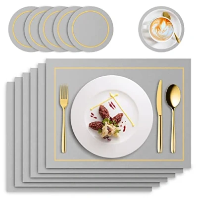 Afbeelding van RIWNNI Placemats, set van 6 PU lederen placemats en onderzetters, afwasbaar, lederlook, waterdicht, antislip, hittebestendig kunstleer, 41 x 31 cm, lichtgrijs