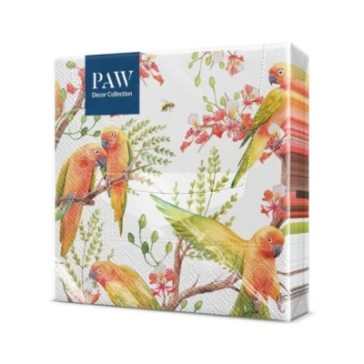 Afbeelding van PAW Papieren Servetten 3 laags (33 x 33 cm) I 20 Stuks Perfect voor Verjaardagen, Feesten, Bruiloften, Communie en Vieringen Tafeldecoratie, Kleurrijke Exotische Vogels