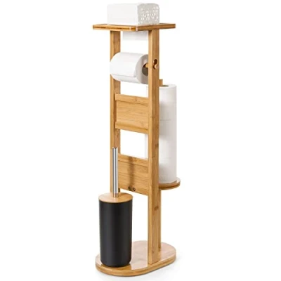 Afbeelding van Staande wc garnituur van bamboe, met toiletpapierhouder en borstelhouder, smartphoneopberg/toiletborstel/wc rolhouder