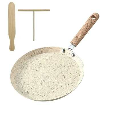 Afbeelding van pannenkoekenpan met antiaanbaklaag, 22 cm, gegoten aluminium, deegverdeler en houten schep, pannenkoekenpan, inductiepan voor andere warmtebronnen inductie (abrikoos)