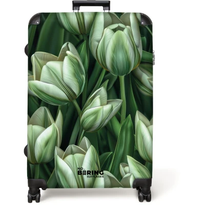 Afbeelding van NoBoringSuitcases.com® Koffer groot Reiskoffer lichtgewicht Groen met witte tulpen Rolkoffer 4 wielen Grote trolley XL 98 liter bagage