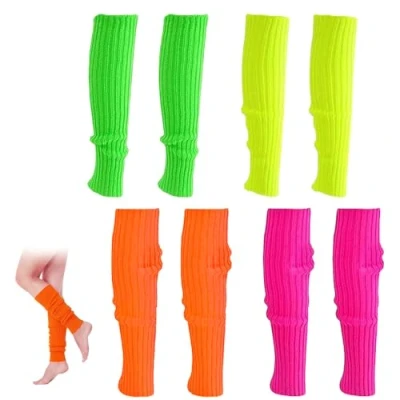 Afbeelding van Uoimky Beenwarmers voor dames, 4 paar, 80 of 90 neon, beenwarmers, gebreide kousen, aerobic, kostuums themafeest, carnaval, carnavalskostuum, Meerkleurig, Eén maat