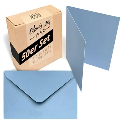 Afbeelding van Japun Set van 50 blanco vouwkaarten inclusief enveloppen, voor ontwerpen, etiketteren of bedrukken DIN A6/C6 blauw