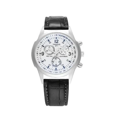 Afbeelding van Yazole Luxe Heren horloge met leren zwart polsband (witte wijzerplaat)