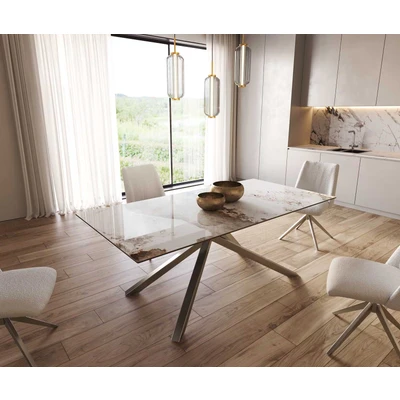 Afbeelding van DELIFE Eetkamertafel Edge 200x100 keramiek Minas Melange wit beige kruisframe rechthoek RVS