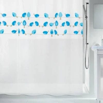 Afbeelding van Spirella Anti schimmel douchegordijn &quot;Vogels&quot; antibacterieel, wasbaar, waterdicht PEVA 180x200cm blauw wit