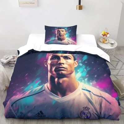 Afbeelding van LSORU Ronaldo Beddengoed, 3D dekbedovertrekset met ritssluiting en kussensloop, microvezel dekbedovertrekken, 3 delig, voor volwassenen kinderen, eenpersoons (135 x 200 cm)
