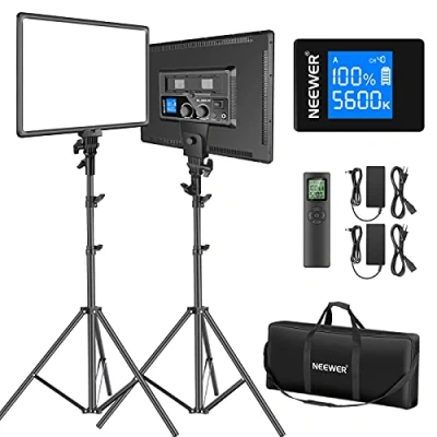 Afbeelding van Neewer 90 W led videoverlichting met 2,4 G draadloze afstandsbedieningsset: Set van 2 dimbare tweekleurige panelen 18 inch + lichtstatief, 3200K 5600K 45W 4800Lux CRI97 licht voor foto&#039;s, live stream, YouTube