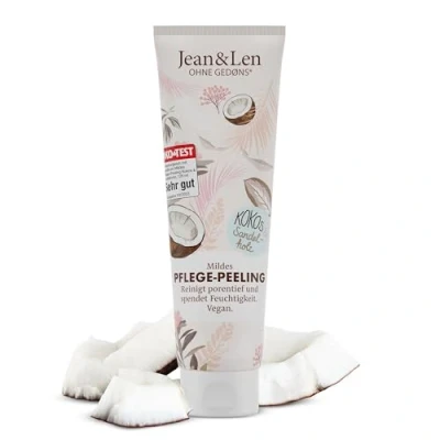 Afbeelding van Jean &amp; Len Romige douchecrub kokos sandelhout, reinigt diep in de poriën en voedt huid, met natuurlijke zandparels, body scrub, zonder parabenen siliconen, veganistisch, 125 ml
