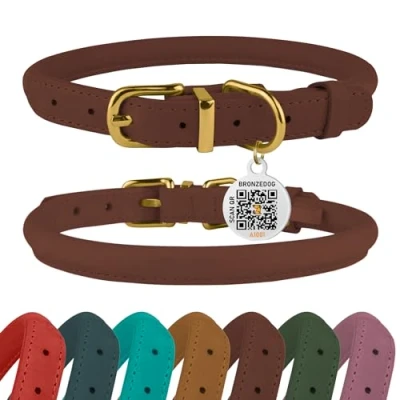 Afbeelding van BRONZEDOG Rolled lederen hondenhalsband met QR ID tag, verstelbare zachte ronde halsbanden voor kleine, middelgrote en grote honden, puppy&#039;s katten (16 18 inch/40 45 cm, cognacbruin)