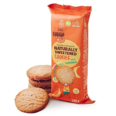 Afbeelding van SUPER FUDGiO Biologische bananenkoekjes organische veganistische koekjes natuurlijk gezoet met agave zonder palmolie gezond snoepen smaak: banaan