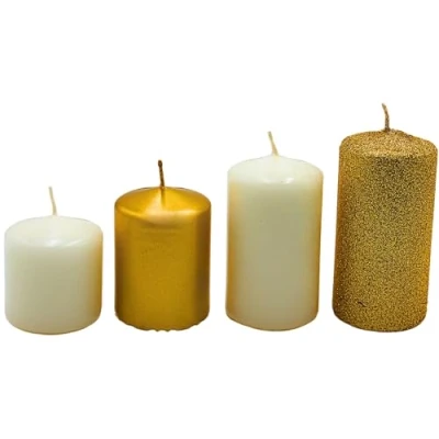Afbeelding van Adventskaarsen, stompkaarsen, adventskranskaarsen, tafelkaarsen, blokkaarsen, tafelkaars in goud wit en gouden glitter, levering 4 stuks, getrapt van L/B/H 5 x cm tot 9