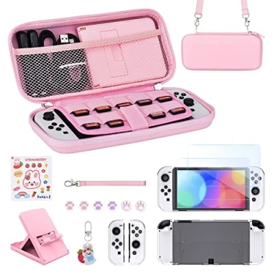 Afbeelding van Younik Schakelaar OLED Accessoires Bundel, 15 in 1 Roze Kit Inclusief Draagtas met 9 Game Kaartsleuven, Verstelbare Stand, Beschermhoes voor Schakelconsole &amp; J Con