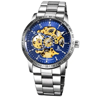 Afbeelding van Alienwork IK Automatisch Horloge Heren Dames Zilver Metalen Armband Blauw Skelet