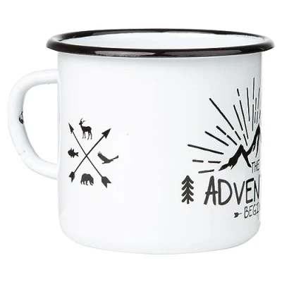 Afbeelding van MUGSY Imaillen mok met spreuk The Adventure Begins, 330 ml, campingmok, campinguitrusting, retro design, wit