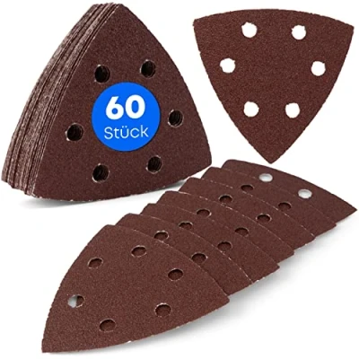 Afbeelding van Delta schuurdriehoeken, 60 stuks, 6 gats, 93 x mm, elk 10 korrel 40 60, 80 120, 180 240, voor deltaschuurmachines, schuurbladen, driehoekige schuurpads, schuurpapier, schuurpapier