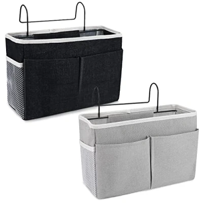 Afbeelding van 2 stuks, bedhangers, organizer, hangende opbergtas, waterdichte bedtassen voor afstandsbediening, bedhek, boek, tijdschrift, koptelefoon, kranten (zwart/beige)