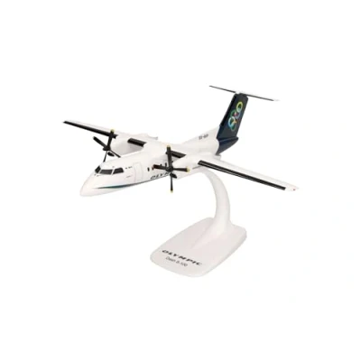 Afbeelding van Herpa Snap Fit modelvliegtuig Olympic Air DHC 8 100, miniatuur schaal 1:100, verzamelobject, model met standaard, kunststof