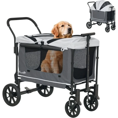 Afbeelding van PawHut Hundewagen Hundebuggy klappbar für Hunde &amp; Katzen bis 30 kg Katzenbuggy mit Kissen Netzfenstern 2 Türen Aufbewahrungstasche Katzenwagen Buggy Dunkelgrau
