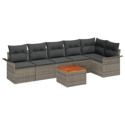 Afbeelding van vidaXL 7 Persoons Tuin Sofa Set met Kussens Grijs Poly Rattan Acacia, 2 Zits Opslag &amp;