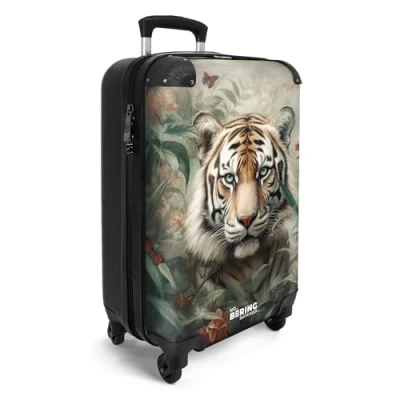 Afbeelding van NoBoringSuitcases.com® Handbagage koffer lichtgewicht Reiskoffer trolley Portret van een tijger midden tussen de planten Rolkoffer met wieltjes Past binnen 55x40x20 en 55x35x25