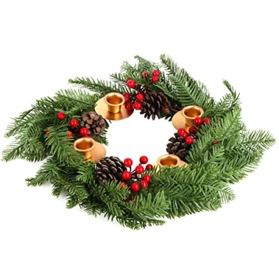 Afbeelding van Belle Vous Kerst Advent Krans Kaars Kandelaar 40 cm Diameter Artificiële met Kaarshouders, Dennenappels en Rode Bessen voor Dinertafel Kopstukken of Kerstmis Feestdecoratie