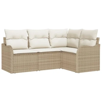 Afbeelding van vidaXL 4 delige Tuin Sofa Set met Kussens Beige Poly Riet