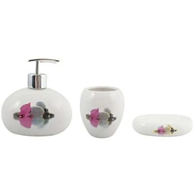 Afbeelding van MSV Badkameraccessoires keramiek 3 delig zeepdispenser, zeepbakje, tandenborstelbeker Borneo wit