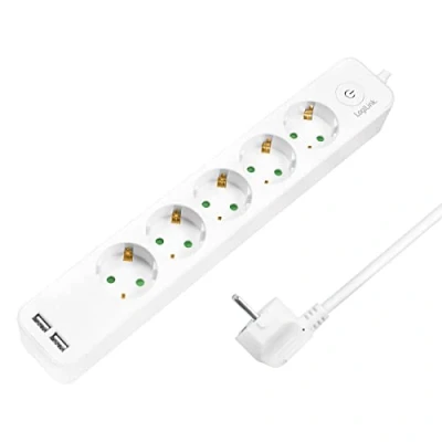 Afbeelding van LogiLink LPS249U stekkerdoos 5 voudig (5X CEE 7/3) + 2x USB A met aan/uit schakelaar en IP20 bescherming, kabellengte = 1,5 m, wit 5+2