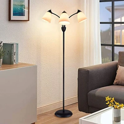 Afbeelding van Depuley Vloerlamp voor woonkamer, 3 koppen, led vloerlamp, warme verlichting, lampen met verstelbare lamp en flexibele hoogte 165 cm, witte lampenkap van zwart metaal, E27 x niet inbegrepen