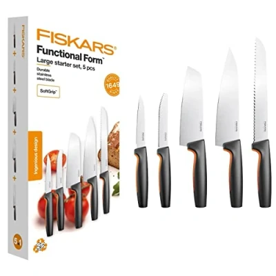 Afbeelding van Fiskars Keukenmessen set, messenset, 5 stuks, Functional Form, incl. koksmes (groot), groentemes, tomatenmes, santokumes en broodmes, Japans roestvrij staal/kunststof, 1057558